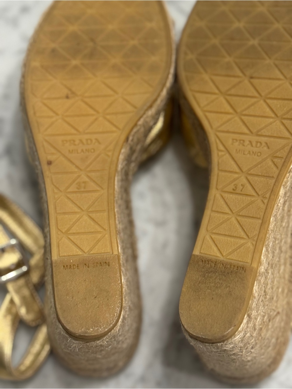 Prada Metallic Gold Leather Espadrille Wedge Sandals - Picture 6 of 7